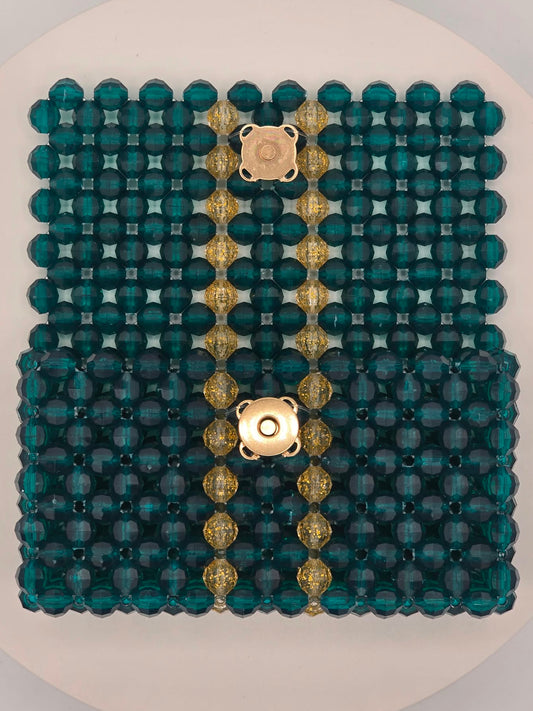 Open view of teal wallet with gold translucent stripes